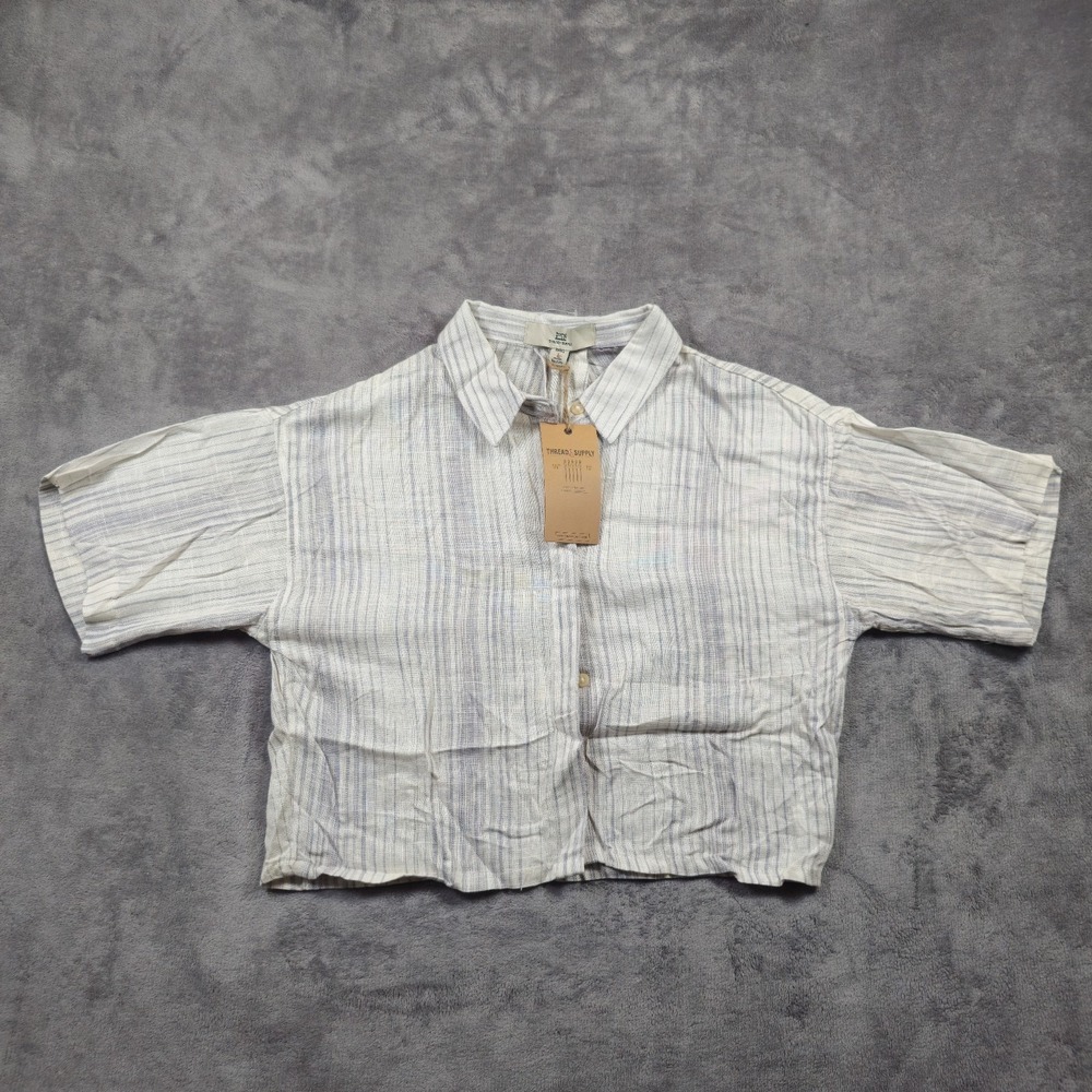 Thread & Supply Shirt Womens Small White Blue Striped Button Front Crop